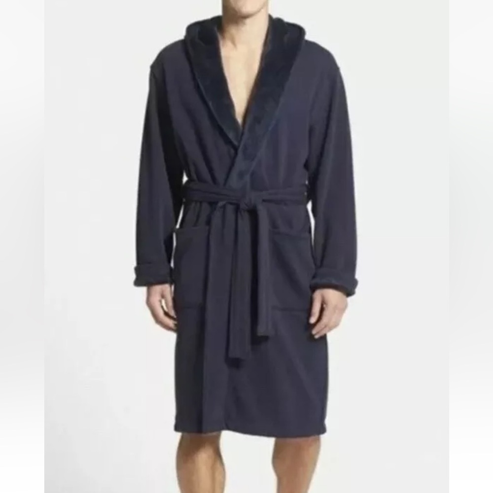 UGG BRUNSWICK NAVY BLUE ROBE WARM LOUNGE WEAR HOODED BELTED POCKETS MENS M/L EUC